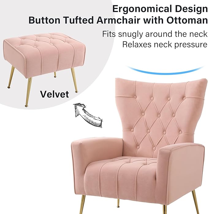 ODUWA Velvet Accent Chair with OttomanModern Accent Chairs with Armrests and BackrestButton Tufted ChairSingle Recliner Armchair with Ottoman for Living Room Bedroom Office