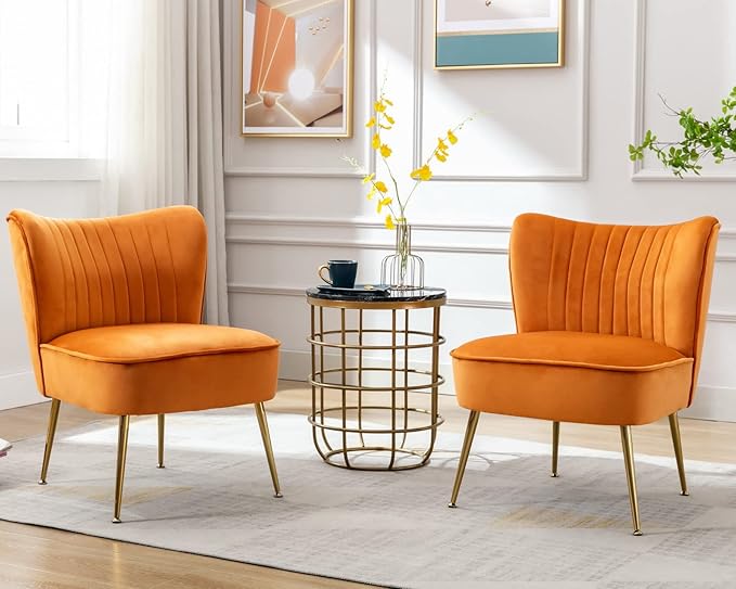 CIMOTA Velvet Accent Chairs Set of 2 Modern Armless Slipper Wingback Single Sofa Side Comfy Corner Chair with Golden Legs for Living Room Bedroom Orange
