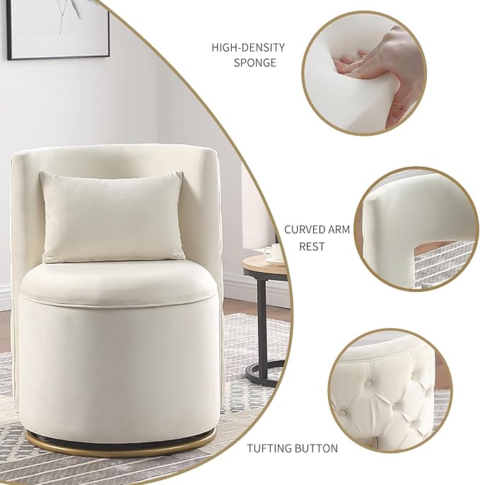 Swivel Barrel Chair 360° Swivel Vantiy Chair with Storage Modern Small Round Swivel Chair Velvet Curved Chair Accent Chair for Living Room Bedroom (Beige-Round)