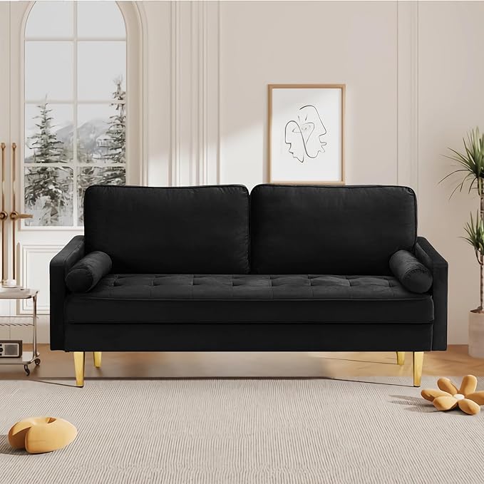 67 Modern Velvet Loveseat Sofa Couch Mid-Century Tufted Upholstered Small Love Seat Couch with 2 Pillows &amp 4 Golden Legs 2-Seats Couches for Compact Space Living Room Apartment (Black)