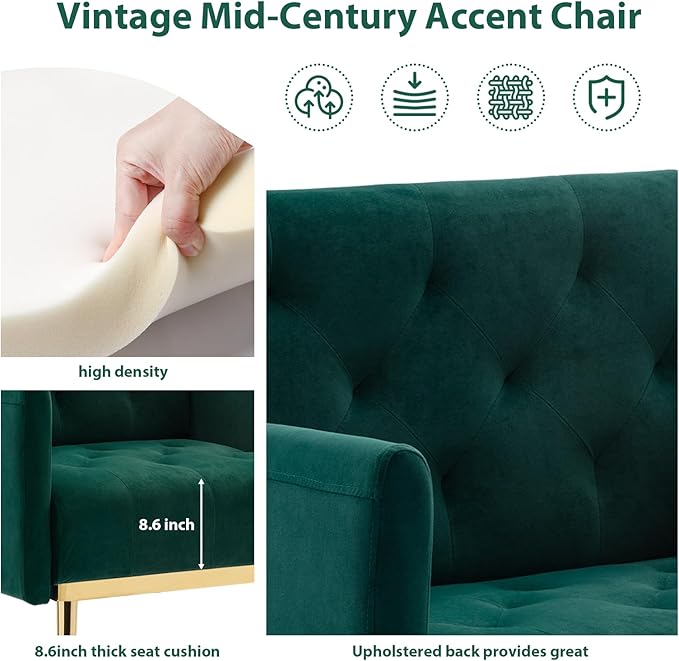 Green Velvet Accent Chairs Set of 2 Comfy Button Tufted Armchair Upholstered Arm Chair Single Sofa Reading Chairs with Arms and Gold Metal Leg for Living Room Bedroom Nursery Office