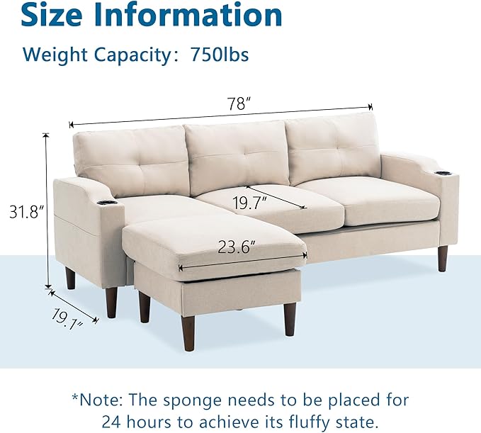 Dolonm L-Shape Modern Sofa Sectional Couch with Built-in USB Port and Convenient Cup Holder 3-Seater Sofa with Storage Ottoman Couch for Living Room Office Apartment Beige