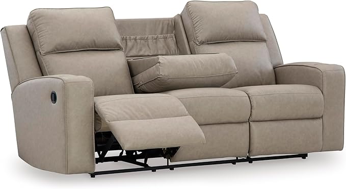 Signature Design by Ashley Lavenhorne Contemporary Faux Leather Manual Reclining Sofa with Drop Down Table Cup Holders and USB Ports Beige