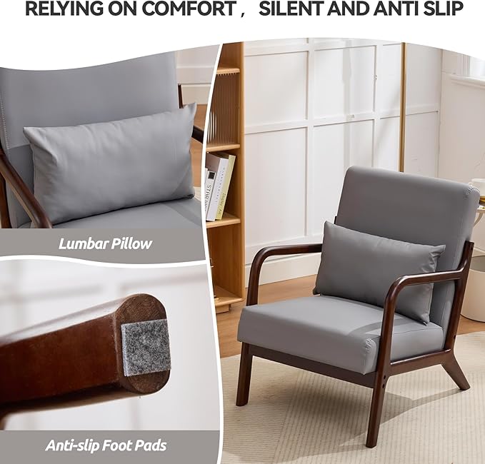 Mid Century Modern PU Leather Accent Chair Living Room Chairs with Lumbar Pillow Boho Arm Chiar Reading Chair with Solid Wood Frame for Living Room Bedroom