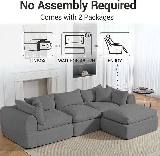 Modular Cloud Couch Sectional Boneless Sofa with Ottoman Deep Seat Fluffy Sectional Couch for Living Room &amp Bedroom No Assembly Required Grey
