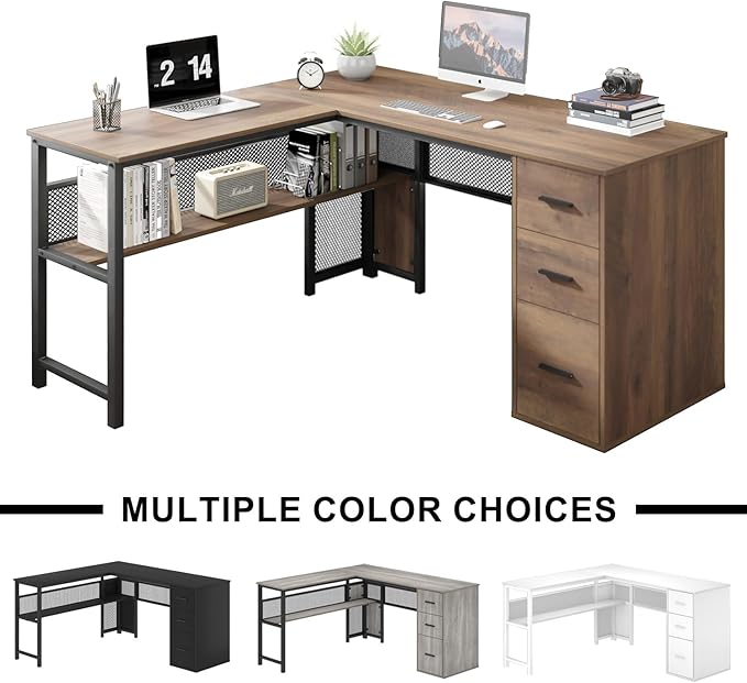 LVB Wood L Shaped Desk Large Computer Office Desk with File Cabinets Reversible Executive L Shape Gaming Desk with Drawers Metal Wooden Corner Desk Table with with Storage Shelf Rustic Oak 59 Inch