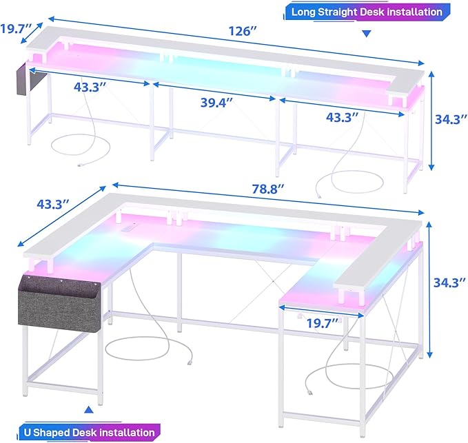 Jojoka U Shaped Desk 79 Inch Large Corner Office Desk with Monitor Stands Reversible L Shaped Computer Gaming Desk with Power Outlets &amp LED LightsU Shaped Gaming Desk (White)