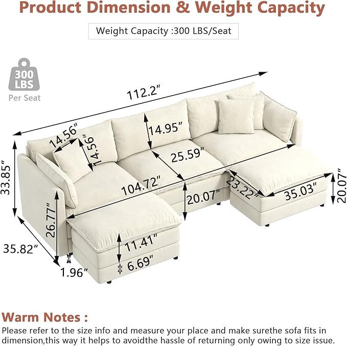 Setawix Deep 3 Seater Couch with Ottomans112.2 U-Shaped Cloud Couches for Living RoomChenille Cloud Sofa Couch with Deep SeatModular Sectional U Shape 3 Seat Sofa for Bedroom (Beige 3+2)