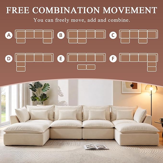 130 Oversized Cloud Sectional Sofa U Shaped Boneless 4-Seater Modular Couch with Ottoman Extra Deep Seat Compressed Foam Sofa for Living Room White