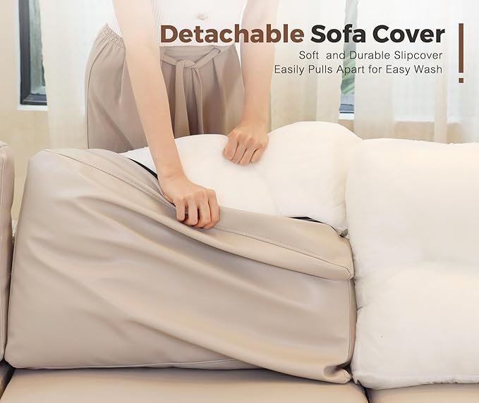 ABCASA 118.5 Oversized Modular Sectional Sofa Faux Leather 6 Seater U Shaped Couch with Movable Ottoman and Storage Seat with Reversible Chaise Deep Seat for Living Room Whitesand