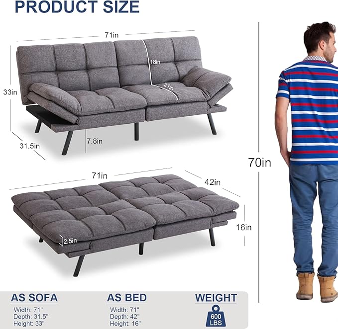 QAIIOO Futon Sofa Bed Memory Foam Sleeper Sofa Convertible Sofa Bed with Adjustable Armrests and Backrest Modern Futon Couch for Small Space Living Room Office Grey