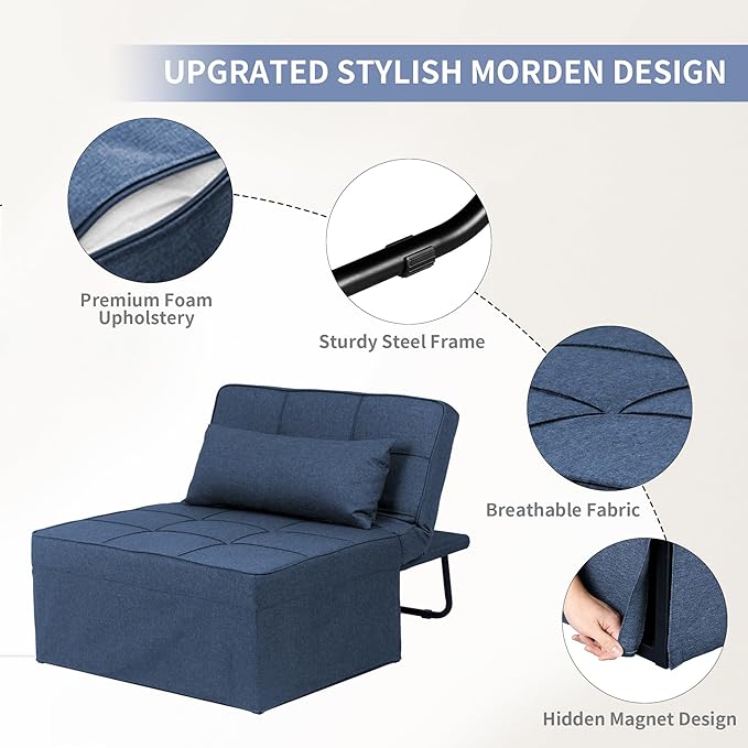 Ainfox Convertible Sofa Bed4-in-1 Multi-Functional Futon Chair Bed Folding &amp No Installation Sofa Couch with Adjustable Backrest Recliner for Living Room Small Spaces and Office(Dark Blue)