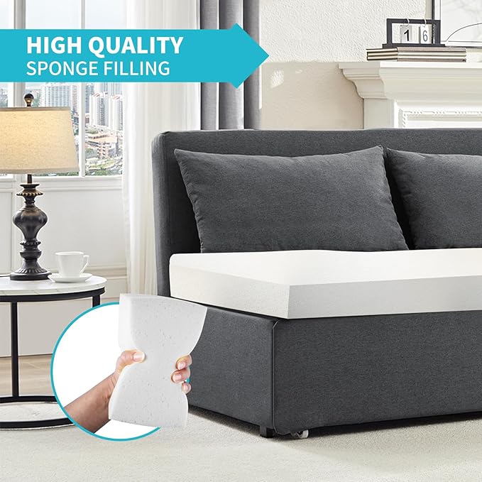 CECER 64.2 Queen Size Pull Out Sofa Bed Pull Out Couch Bed with 2 Pillows Linen Convertible Sleeper Sofa with Comfy Mattress 2 in 1 Armless Loveseat Sleeper for Living Room-Dark Grey