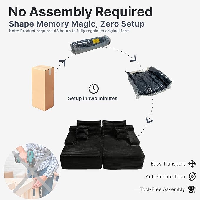 82'' Oversized Boneless Memory Foam Chaise Lounge Chair Sofa Sleeper Large Convertible Comfy Cloud Couches Living Room Black Plush Corduroy Sofa Bed.