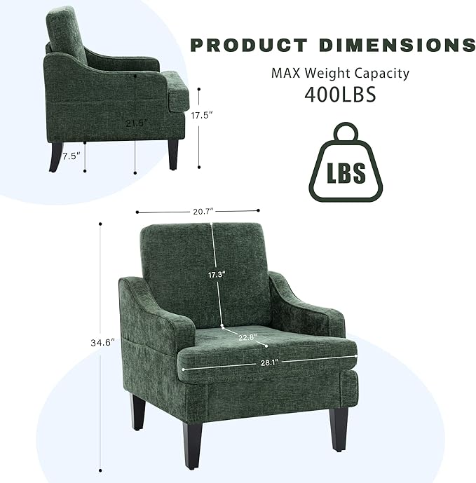 Set of 2 Accent Chair for Living RoomMid-Century Arm Chair Chenille Fabric Living Room ChairsUpholstered Reading Chair for BedroomSingle Sofa Chair with Wood Legs for Apartment (Green)