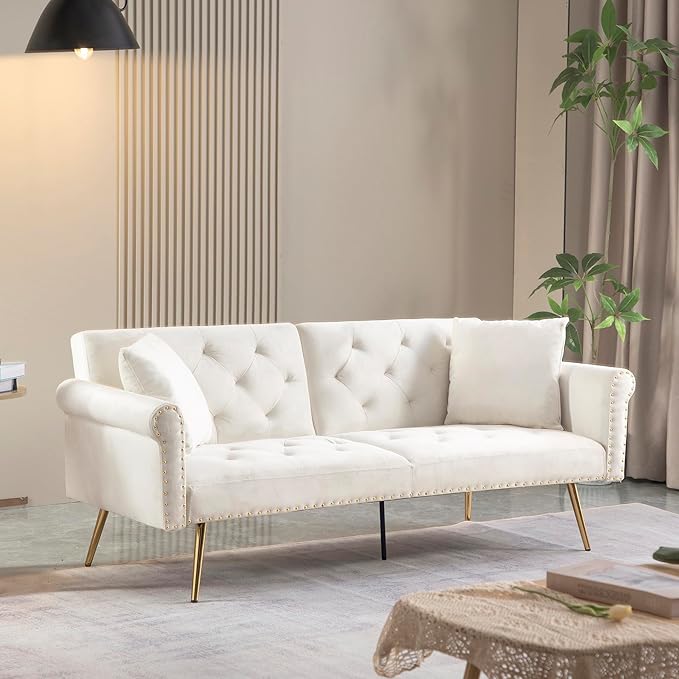 Modern Velvet 2 in 1 Sofa Bed FutonConvertible Folding Sleeper Couch Bed with 2 Pillows &amp Golden Metal Legs73 Tufted Recliner Loveseat for Living Room Apartment Office (Beige)