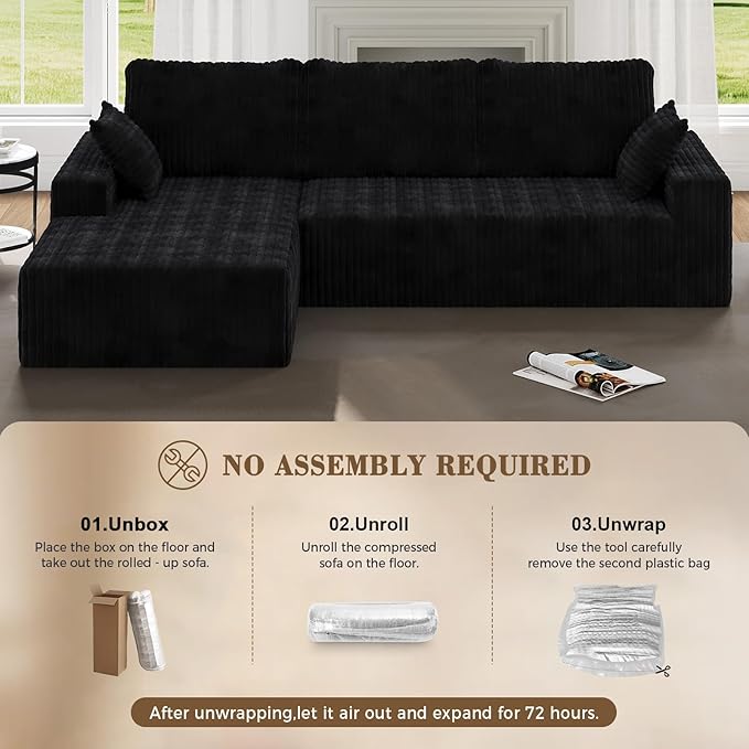 107 Sectional Couches 4 Seat Modular Sectional Sofa with Left Chaise Lounge Boneless Cloud Couch Upholstered Couch for Apartment Living Room No Assembly Required (Black Stripe)