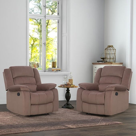 ANJ Fabric Recliner Chair Set of 2 with Overstuffed Arm and Back Comfy Chocolate Manual Reclining Chairs for Adults Living Room Single Sofa Recliners