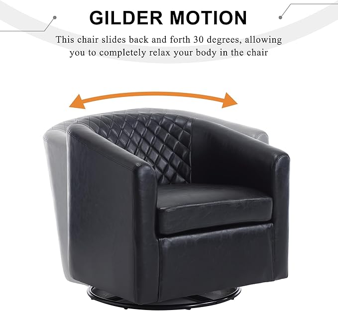 Swivel Gilder Modern Round Armchair 360 Swivel Leather Barrel Club Chair for Living Room Bedroom Office (Black)