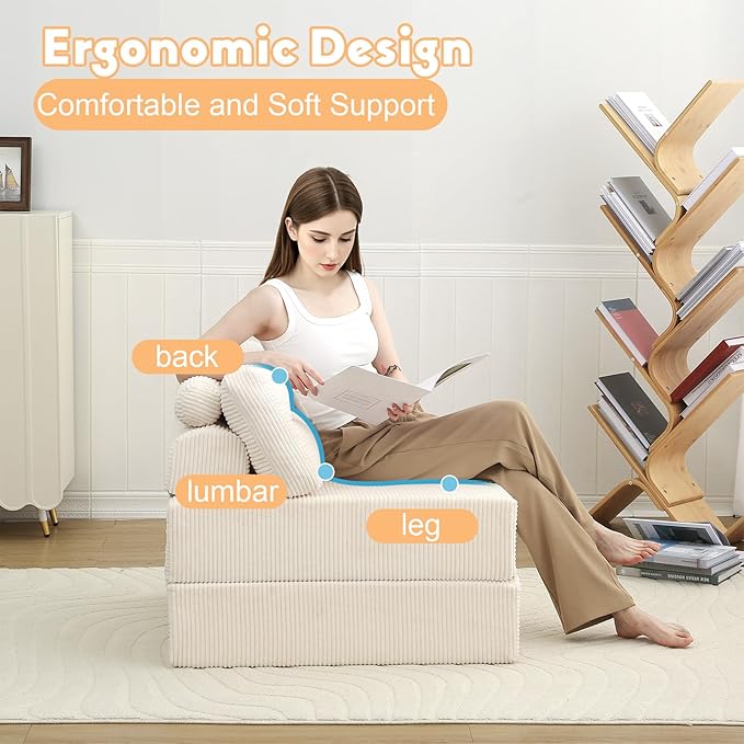 MeMoreCool Folding Sofa Bed – Convertible Sleeper Chair with Pillow Beige 31.5″ × 70.1″ Shredded Foam Lounge Chair for Living Room Bedroom Small Spaces | Headrest &amp Lumbar Support Corded Fabr