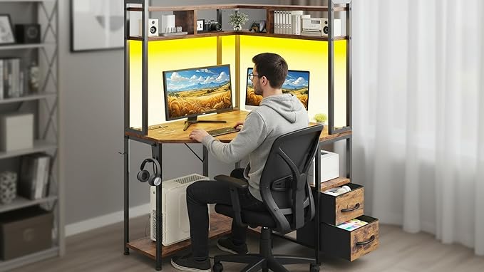 Corner Desk 35.4 W x 63 H Office Desk and Small Gaming Desk with Hutch &amp LED Lights Computer Desk with Drawers for Storage &amp Shelves and Hook for Small Space Rustic Brown