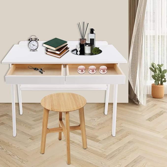 Modern Computer Desk with 2 Drawers &amp Storage Shelf Solid Wood Writing Desk for Home Office 39.3 Large Desktop 330 lbs Load Capacity Ergonomic Study Table (White)