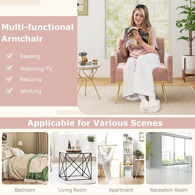 Modern Accent Chairs for Living Room Mid-Century Velvet Upholstered Arm Chair w/Gold Metal Legs Comfy Reading Armchair Tufted Single Sofa Chair Couch for Bedroom Office (2Pink)