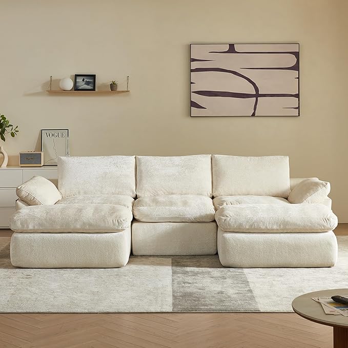 Vamcheer U Shaped Cloud Couch - Utra Soft Modular Sectional Sofa with 2 Movable Ottoman Deep Seat Boneless Couches for Living Room Bedroom Office No Assembly Required Beige