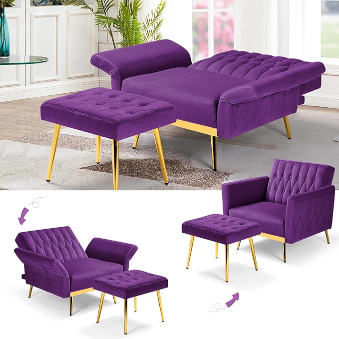 Velvet Accent Chair with Adjustable Armrests and Backrest Button Tufted Lounge Chair Single Recliner Armchair with Ottoman and Pillow for Living Room Bedroom Purpel