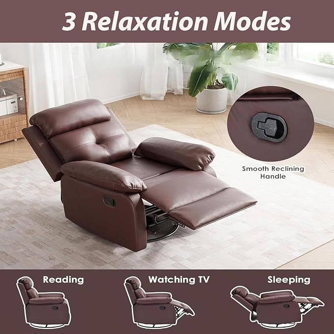 Swivel Rocker Recliner 360 Swivel Small Recliners with 30 Degree 90-150 Degree Angle Faux Leather Lift Chair for Home Theater Seating Adults Living Room Bedroom Brown