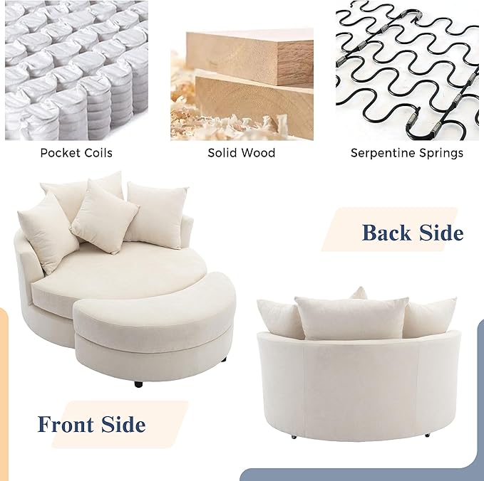 Merax 360° Swivel Barrel Chair with Half Moon Storage Ottoman Oversized Leisure Round Single Sofa Large Chaise Lounge &amp 4 Pillows Comfy Linen Upholstered Accent Armchairs for Living Room Cream