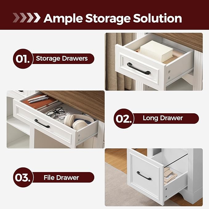 58 Executive Desk Farmhouse Computer Desk with Drawers Wooden Office Desk with File Cabinet Charging Station Monitor Stand for Work and Study White and Walnut CDBZ10E01