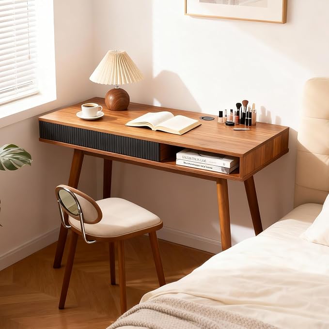 Artswish Mid Century Modern Office Desk with Drawer &amp Open Cubby 42.5 Walnut Writing Desk with Cable Grommet Solid Wood Legs Simple Home Office Desk for Bedroom Study Walnut