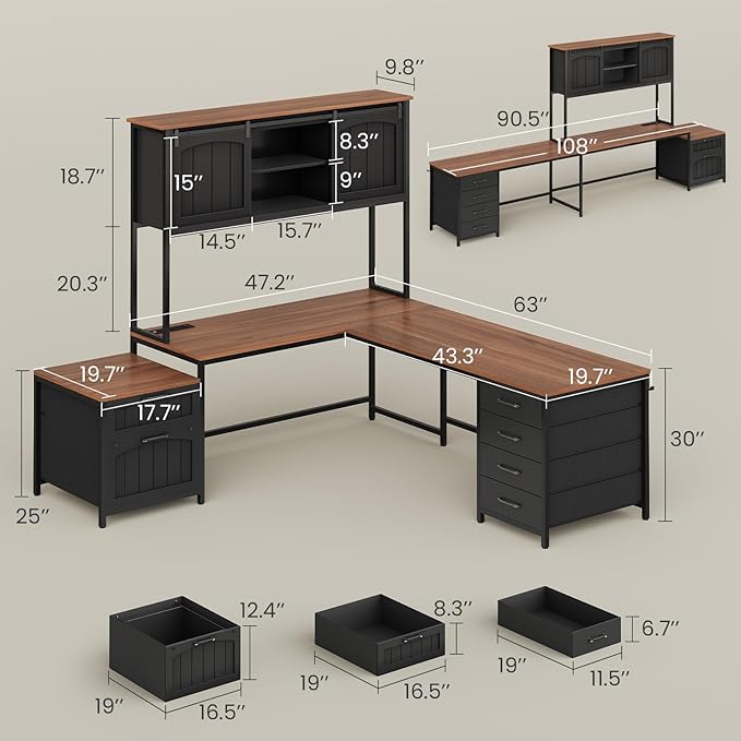 SEDETA Farmhouse L Shaped Office Desk with 6 Drawer Reversible Computer Desk with Power Outlet Hutch for Home Office/Two Person Corner Desk with File Drawer &amp Printer Storage Shelves Black