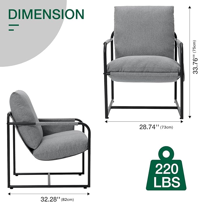 HOMMPA Sling Accent Chair Steel Arm Chair Living Room Chair with Side Storage Pocket Reading Accent Chair Mid Century Modern Bedroom Chair Metal Frame &amp Linen Fabric Cover