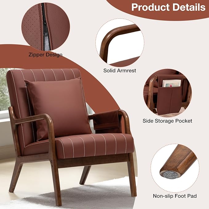 HOMMPA Mid-Century Modern Accent Chair Set of 2 Comfy Reading Armchair with Solid Wood Frame &amp Lumbar Pillow Upholstered Linen Lounge Chair with Side Pocket for Living Room BedroomBalcony (Bro