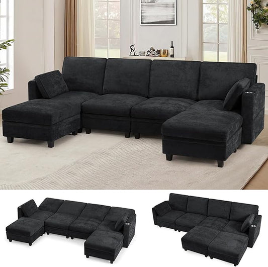 110 Chenille 4-Seat Sofa w/Adjustable Backrests Sectional Sofa w/Two Movable Storage Ottomans &amp Cup Holders Upholstery Fabric Couch w/USB &amp Type-C Charging Ports for Living Room Black