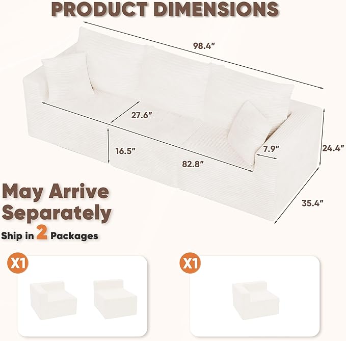 JUMMICO Boneless Couch with Deep Seat and Ottoman Modular Sectional Sofa with Body Support Corduroy Couches for Living Room Apartments Bedroom No Assembly Required (Beige Three Seater)