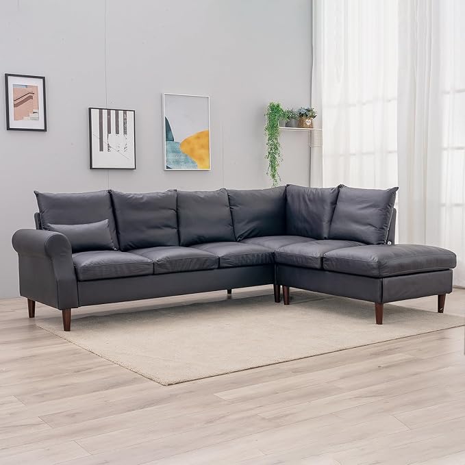 Panana 6 Seats Sectional Sofa Right Corner L Shaped Couch With USB Charging Port Chaise (Black Leathaire 6 Seater Right Corner With Chaise)