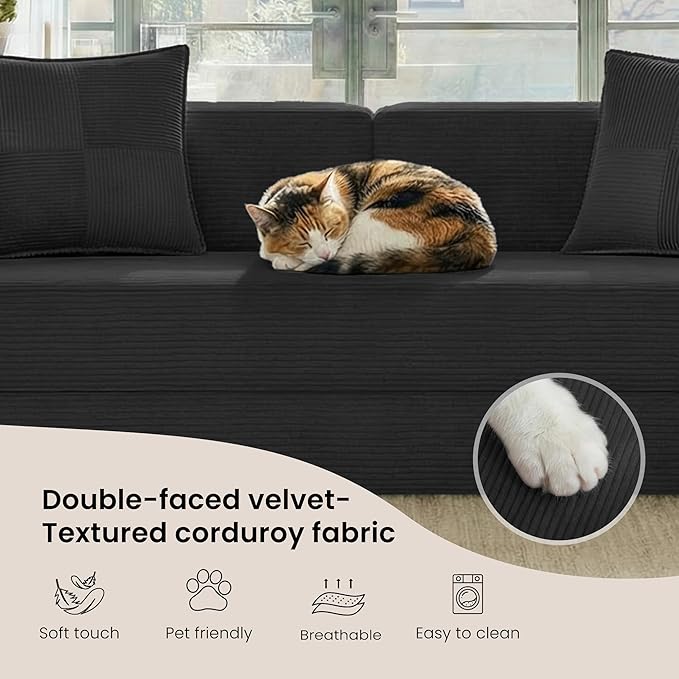 Belhome 78.8 Convertible Sofa Bed Futon Sofa Bed with Side Pocket Corduroy Pull Out Futon Sofa Boneless Couch for Living RoomsNo Assembly Required Midnight