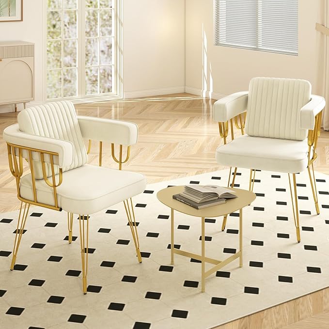 Set of 2 Vanity Chair with Back Velvet Upholstered Accent Makeup Chairs No Wheels with Golden Legs for Modern Glam Living Room Bedroom Home Office Nail Spa Girls &amp Women Beige
