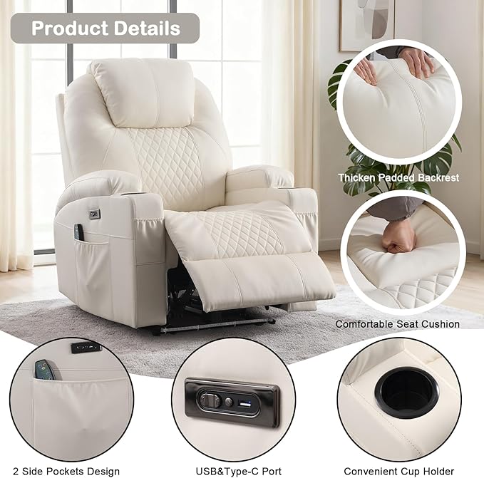 Power Recliner Chair with Heat and Massage for Adults - Home Theater Seating with LED LightsCup HoldersSide PocketUSB Port - Recliner Sofa for Living Room (Beige Set of 2)