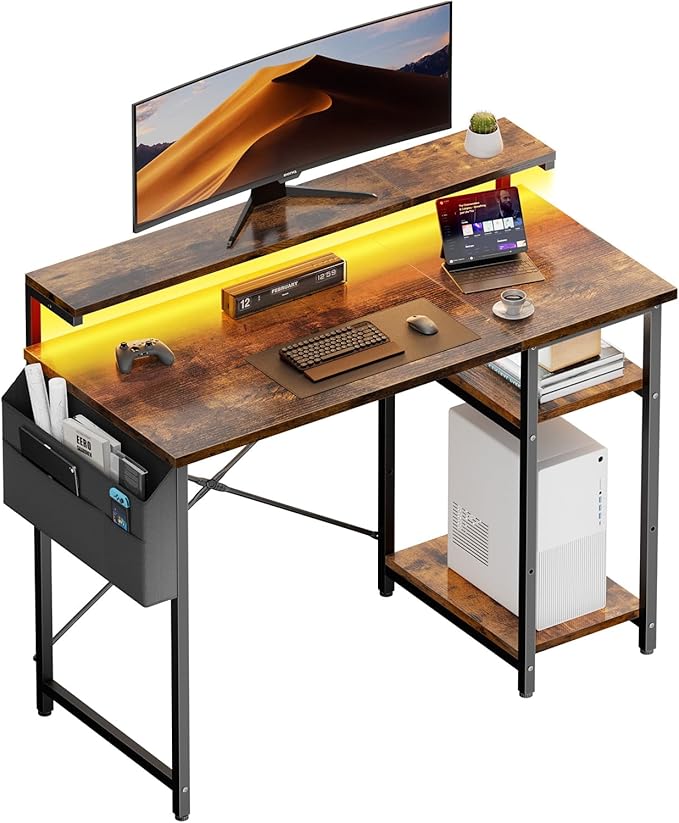 HLDIRECT Computer Desk with LED Lights 40Inch Gaming Desk with Monitor Stand &amp Side Storage Shelves Writing Study Table with Storage Bag for Home Office and Bedroom Brown