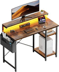 HLDIRECT Computer Desk with LED Lights 40Inch Gaming Desk with Monitor Stand &amp Side Storage Shelves Writing Study Table with Storage Bag for Home Office and Bedroom Brown