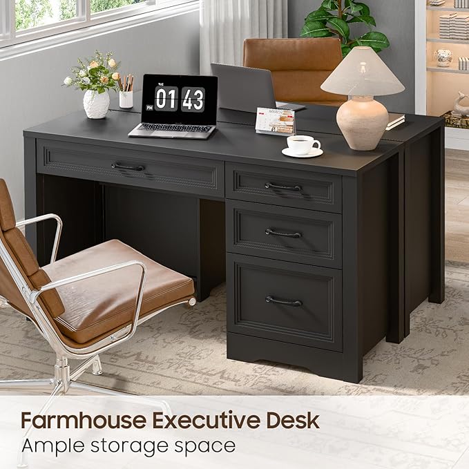 Vabches Farmhouse Executive Desk with Storage and Ample File Drawer Rustic Large Home Writing Desk for Bedroom Pure Black