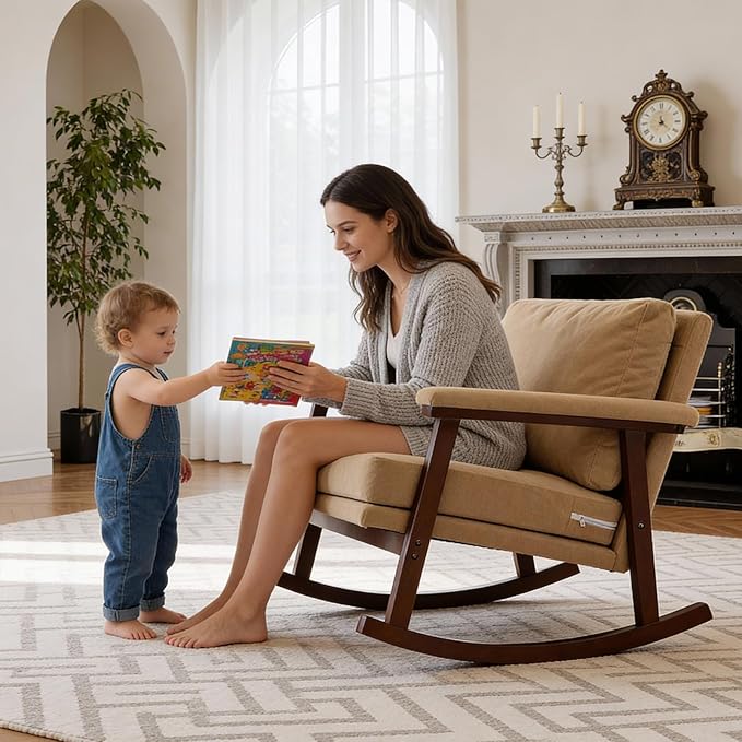 Rocking Chair for Nursery Living Room &amp Bedroom Upholstered Accent Chair with Solid Rubberwood Frame Cozy Reading Chair for Small Spaces (Khaki)