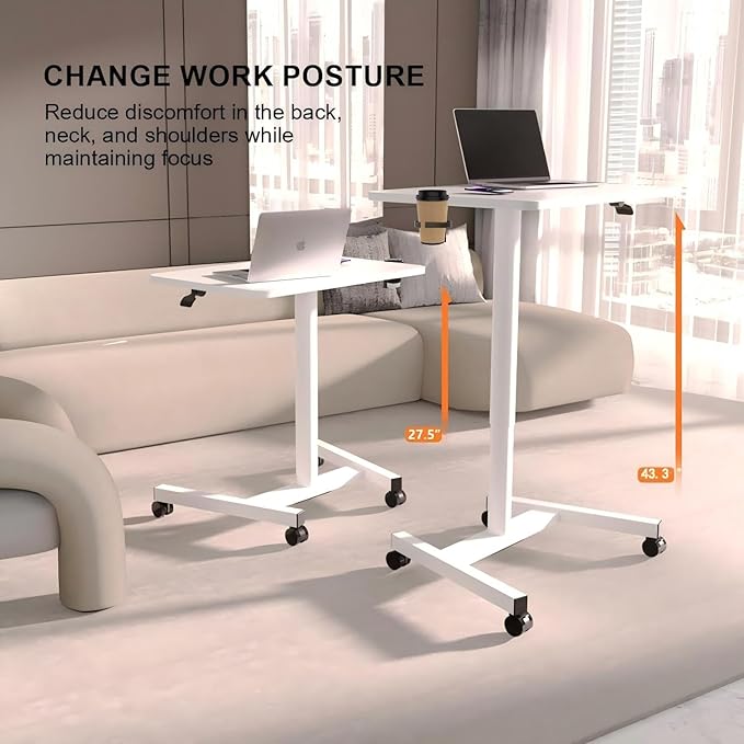 28-Inch Mobile Standing Desk Computer Workstations with Cup Holder Portable Standing Desk with Lockable Wheels Rolling Table for Home Office Classroom Hospital (Snow-White Steel Classic)