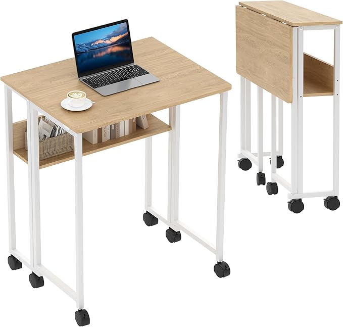 Folding Desk with Storage Shelf24.8 Inch Foldable Computer Desk for Small Spaces Small Rolling DeskSpace Saving Sofa Table with Wheels for Home Office Study Easy AssemblyOak