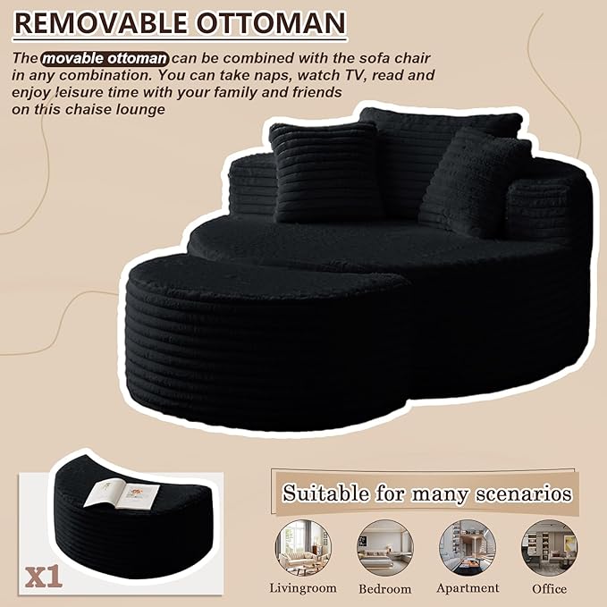55''W Oversized Round Lounge Chair with Ottoman Modern Corduroy Accent Chair Upholstered Boneless Deep Seat for Living Room or Bedroom No Assembly Required (Corduroy Black)