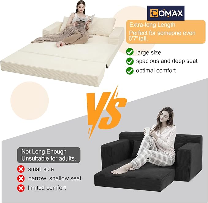 COMAX Convertible Sofa Bed Queen Folding Floor Couch Corduroy Boneless Sofa Pull Out Couch Bed Futon Sleeper with Pillows Fold Out Comfy Lounge Mattress Loveseat for Living Room Bedroom Beige